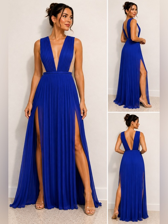 bebe Dresses & Skirts - bebe Cobalt Blue Deep V-Pleated Maxi Dress with High Slits